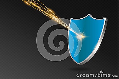 Blue shield reflects lightning strike. Security shield on transparent background with shadow, rays and lights. Vector Vector Illustration